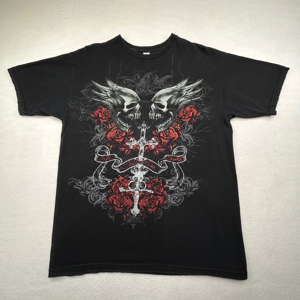 Alstyle VINTAGE Y2K Wing Skull Roses Graphic T-shirt Black Medium Tattoo Biker